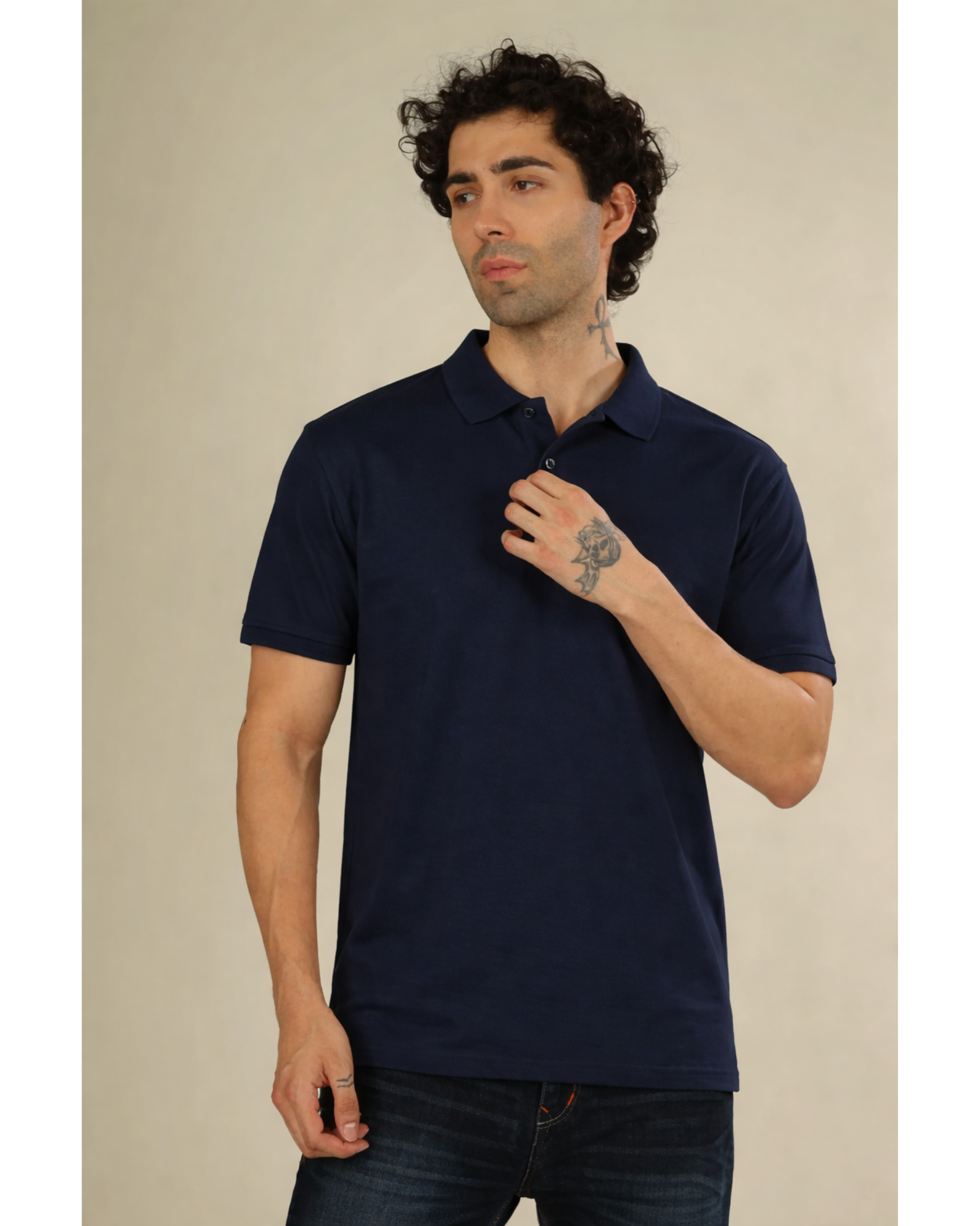 (240 Gsm Cotton )Polo Collar T-Shirt (Navy Blue)  (Without Branding )
